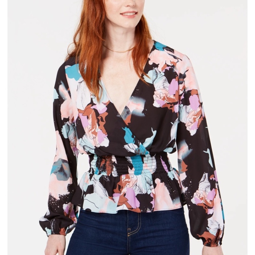 🆕 Bar III Floral faux wrap, rouched waist ,p…